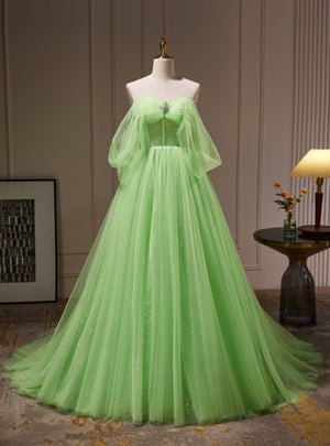 Green Tulle Sequins Pleats Prom Dress
