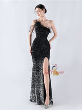 One Shoulder Mermaid Sequins Feather Split Prom Dress