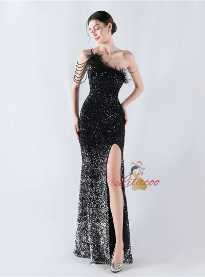 One Shoulder Mermaid Sequins Feather Split Prom Dress