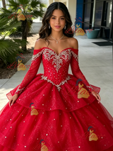 Red Tulle Long Sleeve Beading Quinceanera Dress