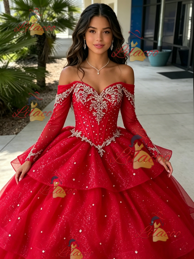 Red Tulle Long Sleeve Beading Quinceanera Dress