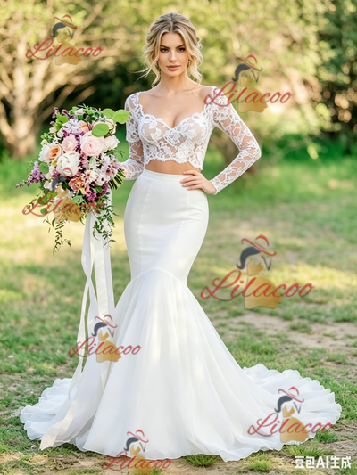 White Mermaid Lace Long Sleeve Wedding Dress