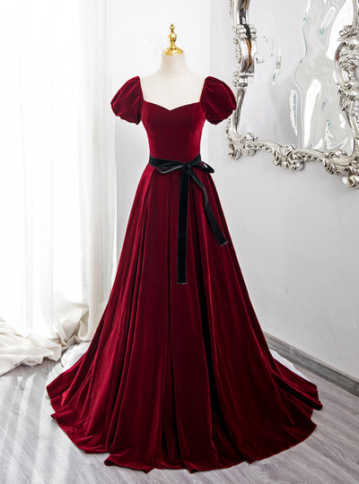 Burgundy Velvet Puff Sleeve Prom Dress