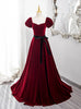 Burgundy Velvet Puff Sleeve Prom Dress