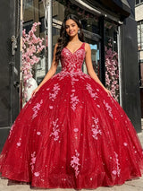 Red V-neck Tulle Appliques Quinceanera Dress