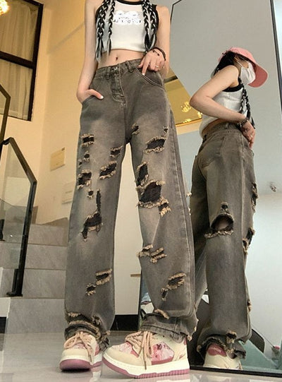 Retro Hole Loose Straight Jeans