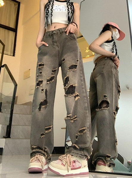 Retro Hole Loose Straight Jeans