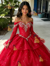 Red Tulle Long Sleeve Beading Quinceanera Dress