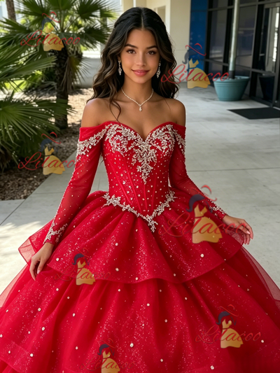 Red Tulle Long Sleeve Beading Quinceanera Dress