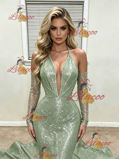 Green Mermaid Sequins Long Sleeve Prom Dress