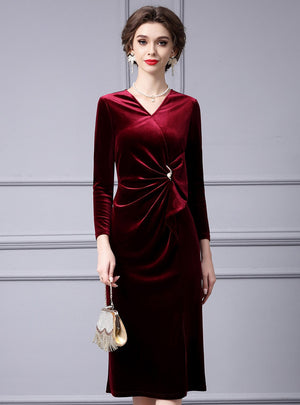 Burgundy Velvet V-neck Mother Of The Bride Dress