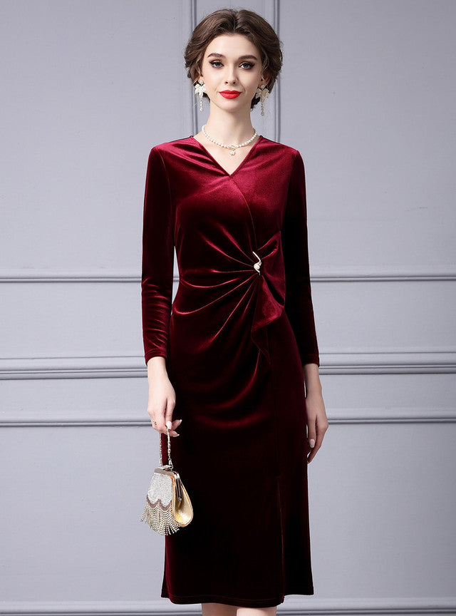 Burgundy Velvet V-neck Mother Of The Bride Dress