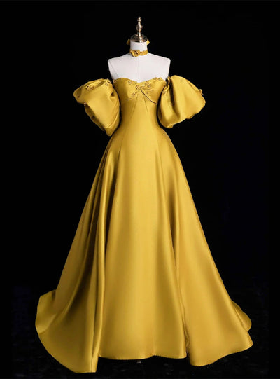 Yellow Satin Puff Sleeve Flower Prom Dress