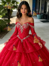 Red Tulle Long Sleeve Beading Quinceanera Dress
