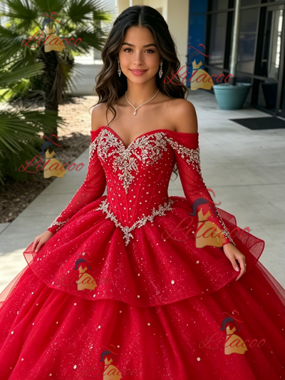 Red Tulle Long Sleeve Beading Quinceanera Dress
