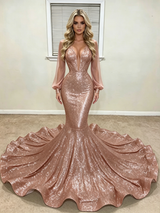 Gold Mermaid Sequins Long Sleeve Prom Dress