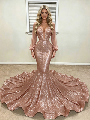 Gold Mermaid Sequins Long Sleeve Prom Dress