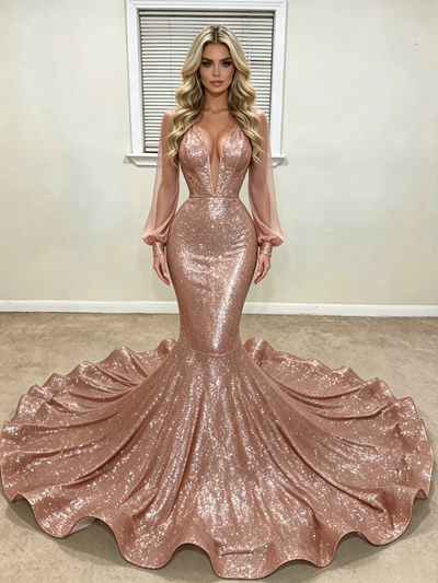 Gold Mermaid Sequins Long Sleeve Prom Dress