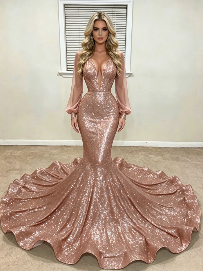 Gold Mermaid Sequins Long Sleeve Prom Dress