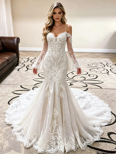 White Mermaid Lace Straps Wedding Dress