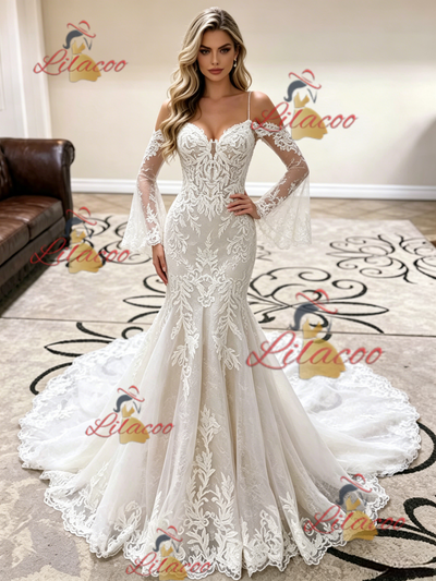 White Mermaid Lace Straps Wedding Dress