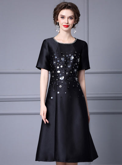 Fuchsia Satin Sequins Short Sleeve Mother Of The Bride Dress