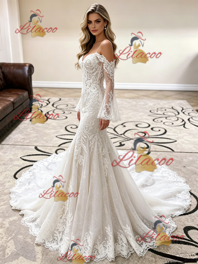 White Mermaid Lace Straps Wedding Dress