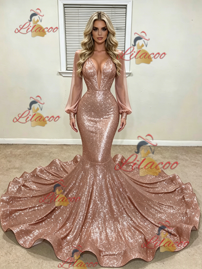 Gold Mermaid Sequins Long Sleeve Prom Dress