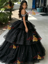 Black Tuller Off the Shoulder Beading Quinceanera Dress
