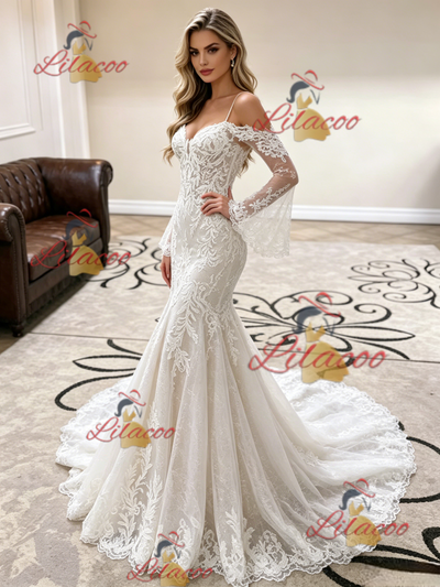 White Mermaid Lace Straps Wedding Dress