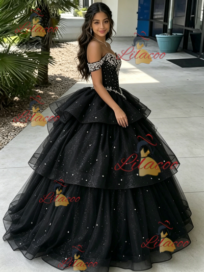 Black Tuller Off the Shoulder Beading Quinceanera Dress