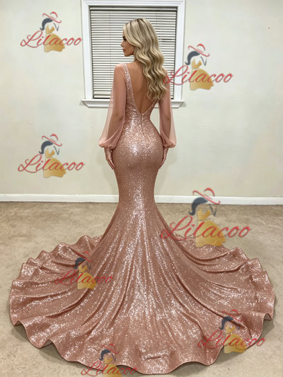 Gold Mermaid Sequins Long Sleeve Prom Dress