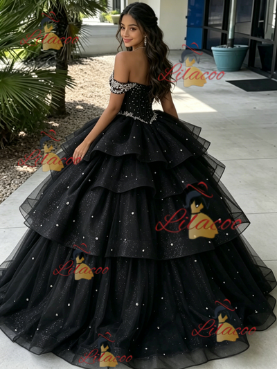 Black Tuller Off the Shoulder Beading Quinceanera Dress