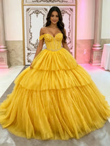 Yellow Tulle Off the Shoulder Beading Quinceanera Dress