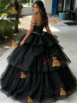 Black Tuller Off the Shoulder Beading Quinceanera Dress