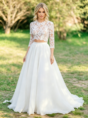 White Lace Long Sleeve Wedding Dress