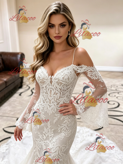 White Mermaid Lace Straps Wedding Dress