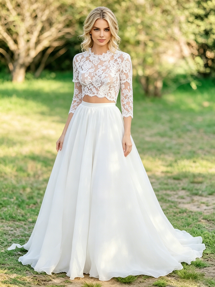 White Lace Long Sleeve Wedding Dress