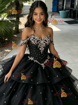Black Tuller Off the Shoulder Beading Quinceanera Dress