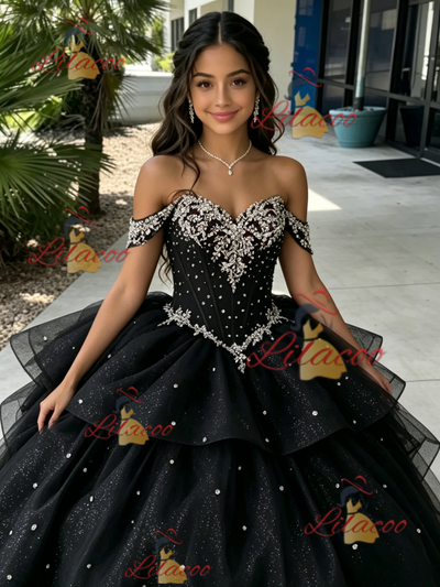 Black Tuller Off the Shoulder Beading Quinceanera Dress