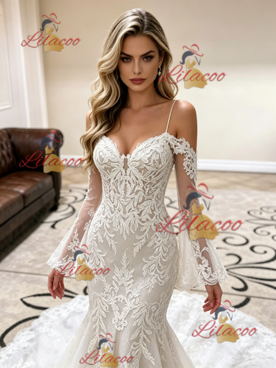 White Mermaid Lace Straps Wedding Dress