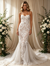 White Mermaid Lace Spaghetti Straps Wedding Dress