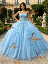 Blue Tulle Straps Appliques Quinceanera Dress