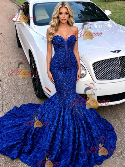 Navy Blue Mermaid Strapless Prom Dress