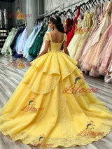 Yellow Tulle Appliques Beading Quinceanera Dress