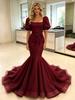 Burgundy Mermaid Tulle Puff Sleeve Prom Dress