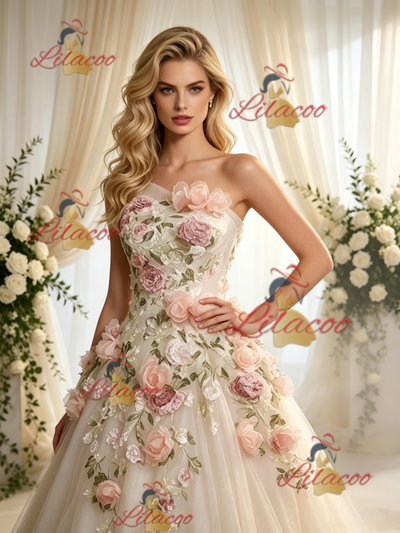 Ivory Tulle One Shoulder Appliques Wedding Dress