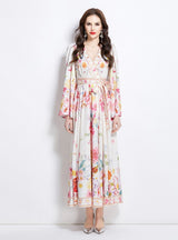 V-neck Trumpet Sleeve Print Dress