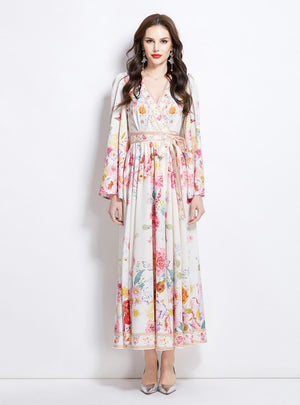 V-neck Trumpet Sleeve Print Dress