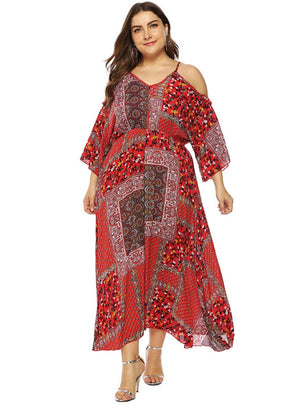 Horn Sleeve Retro Print Long Dress